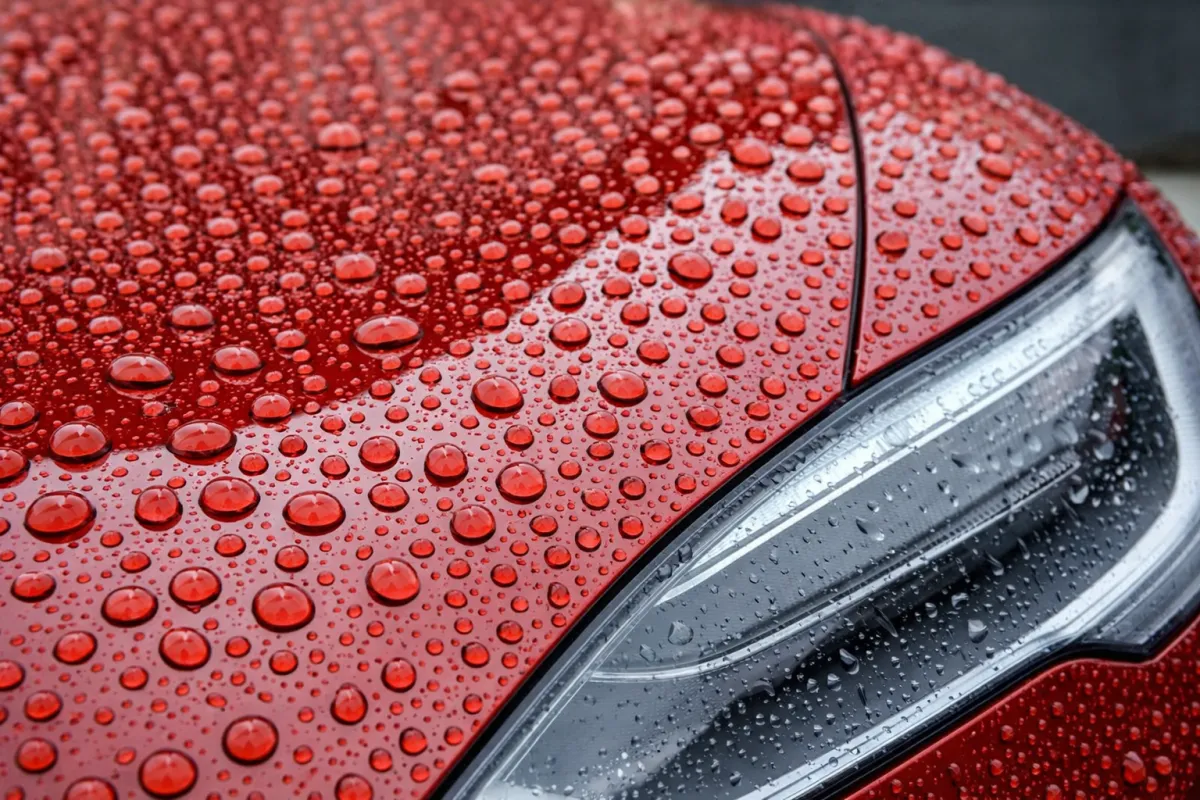 Red car surface showing hydrophobic water beading